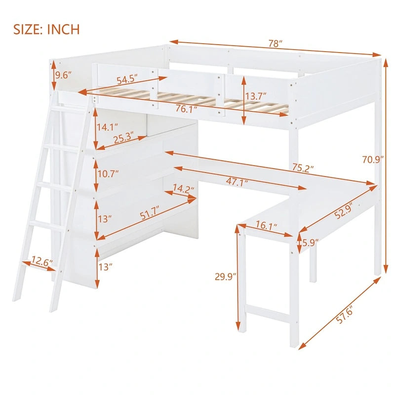 Full Size Wood Loft Bed with Desk, Shelf and Guardrail