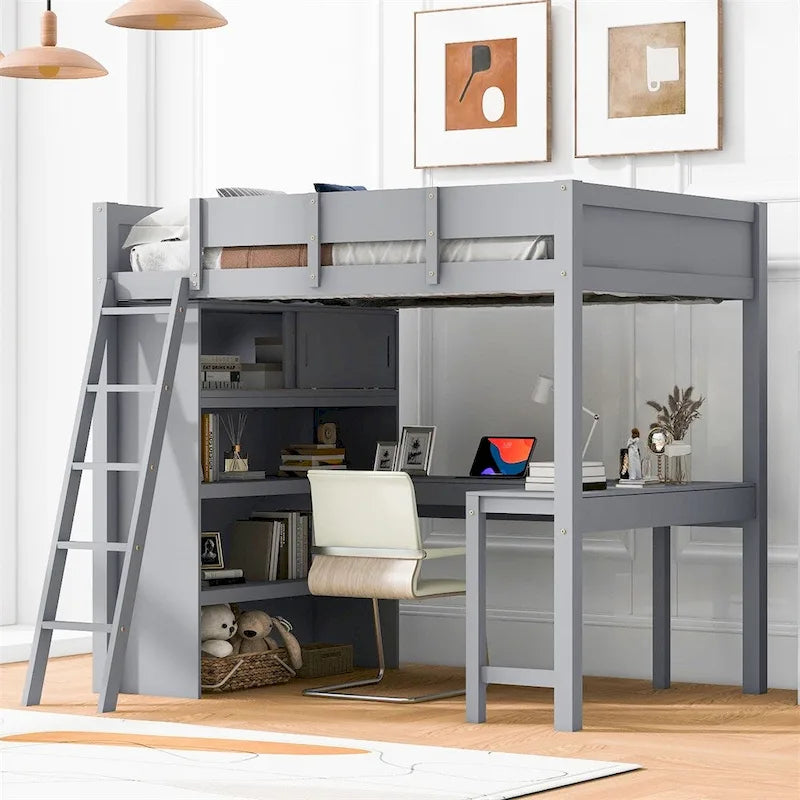Full Size Wood Loft Bed with Desk, Shelf and Guardrail