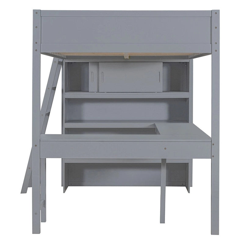 Full Size Wood Loft Bed with Desk, Shelf and Guardrail