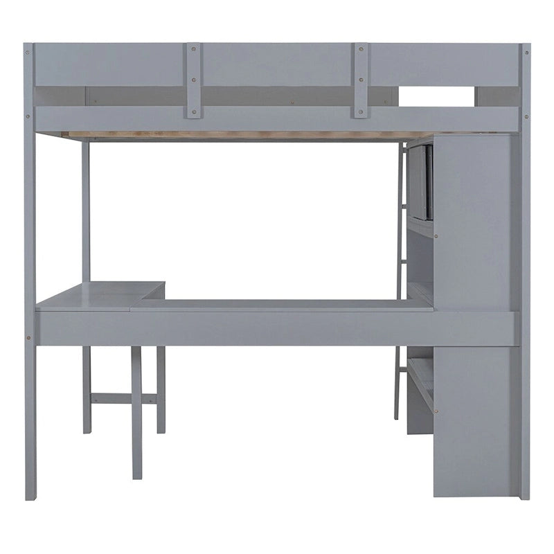 Full Size Wood Loft Bed with Desk, Shelf and Guardrail