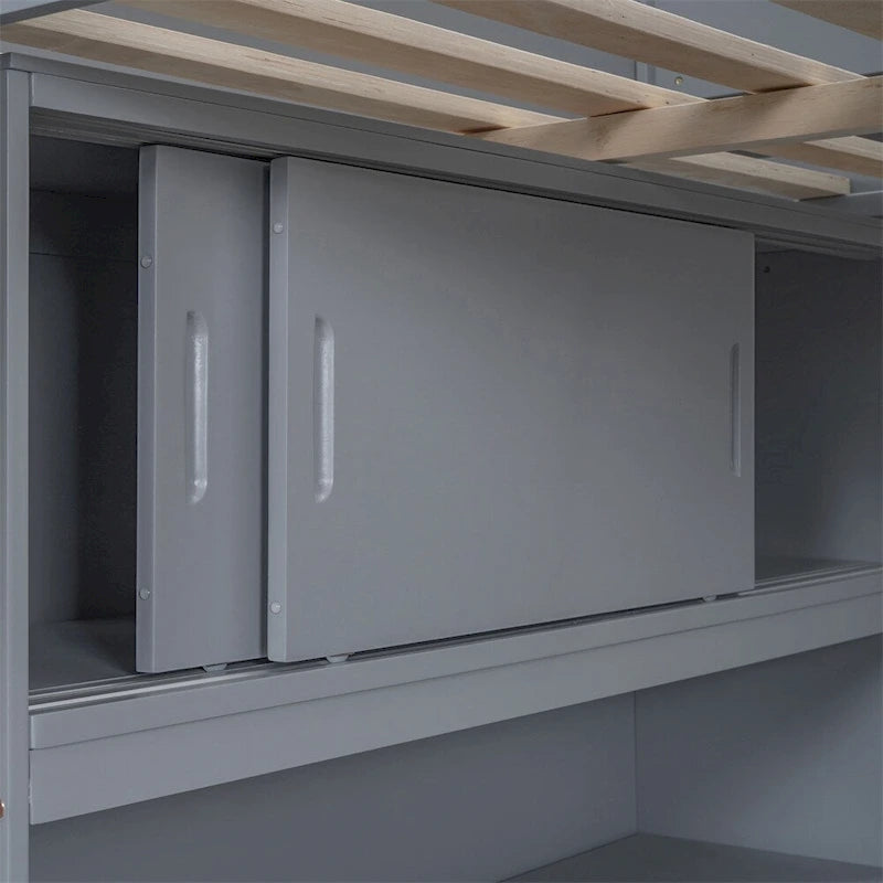 Full Size Wood Loft Bed with Desk, Shelf and Guardrail