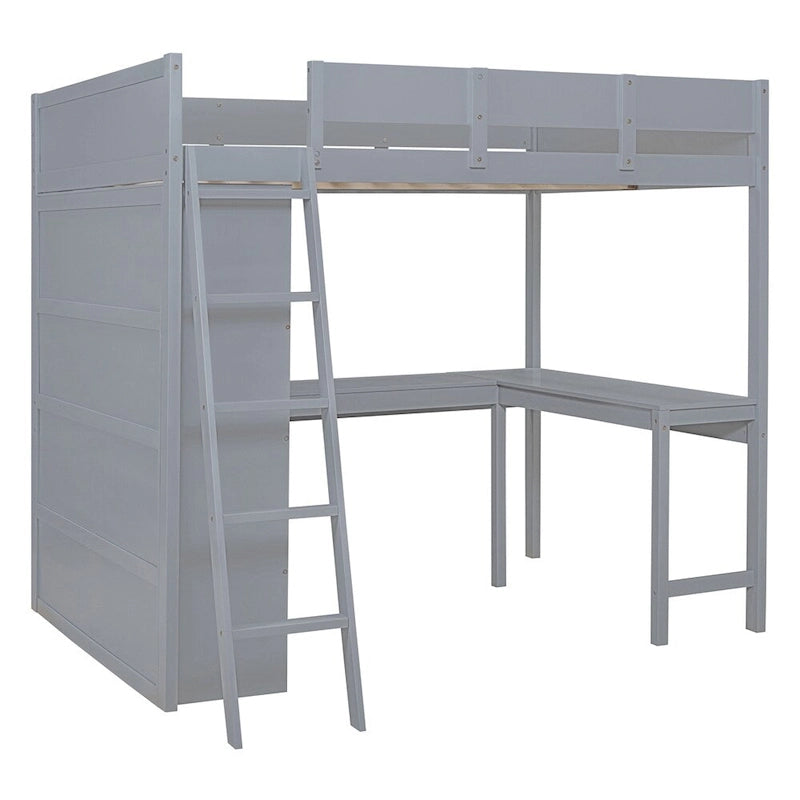 Full Size Wood Loft Bed with Desk, Shelf and Guardrail