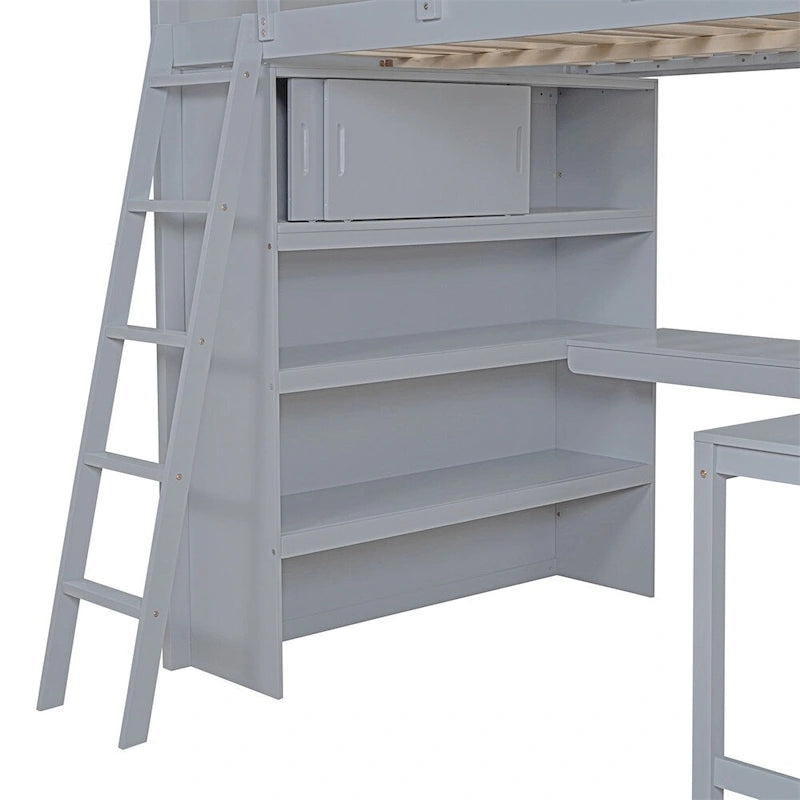 Full Size Wood Loft Bed with Desk, Shelf and Guardrail
