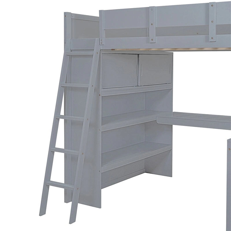 Full Size Wood Loft Bed with Desk, Shelf and Guardrail