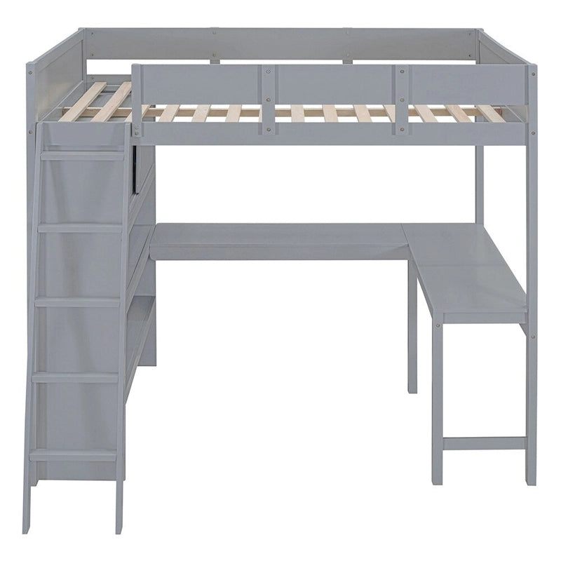 Full Size Wood Loft Bed with Desk, Shelf and Guardrail
