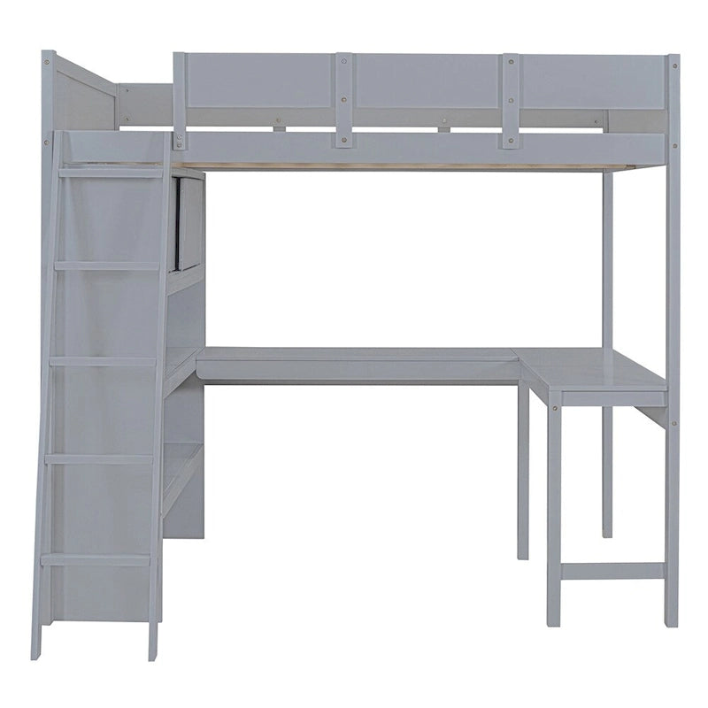 Full Size Wood Loft Bed with Desk, Shelf and Guardrail
