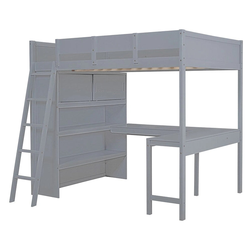 Full Size Wood Loft Bed with Desk, Shelf and Guardrail