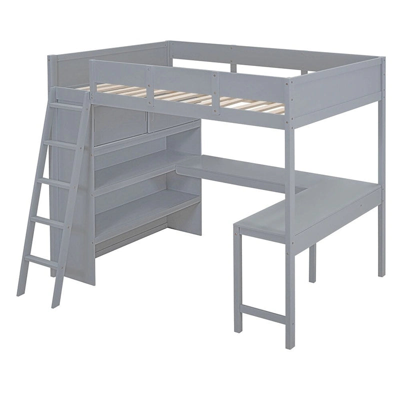 Full Size Wood Loft Bed with Desk, Shelf and Guardrail