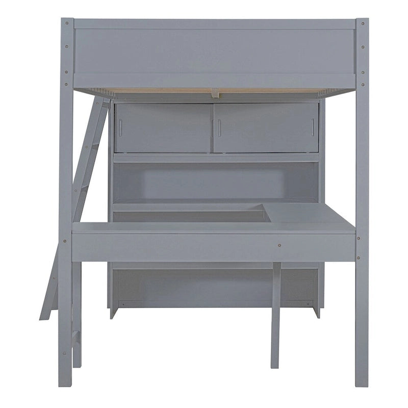 Full Size Wood Loft Bed with Desk, Shelf and Guardrail