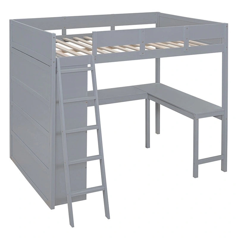 Full Size Wood Loft Bed with Desk, Shelf and Guardrail