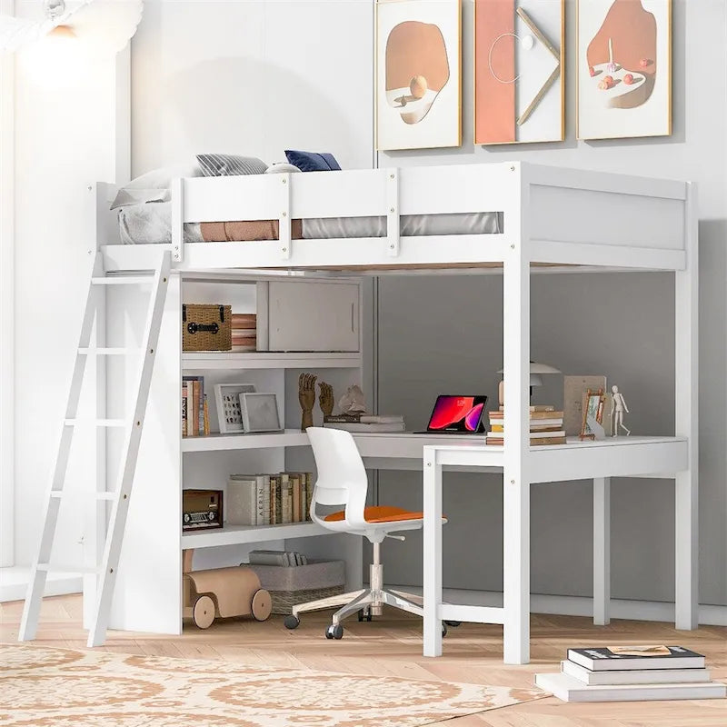 Full Size Wood Loft Bed with Desk, Shelf and Guardrail