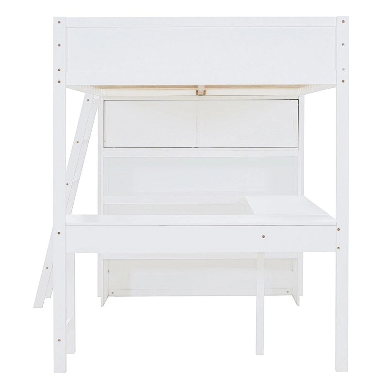 Full Size Wood Loft Bed with Desk, Shelf and Guardrail