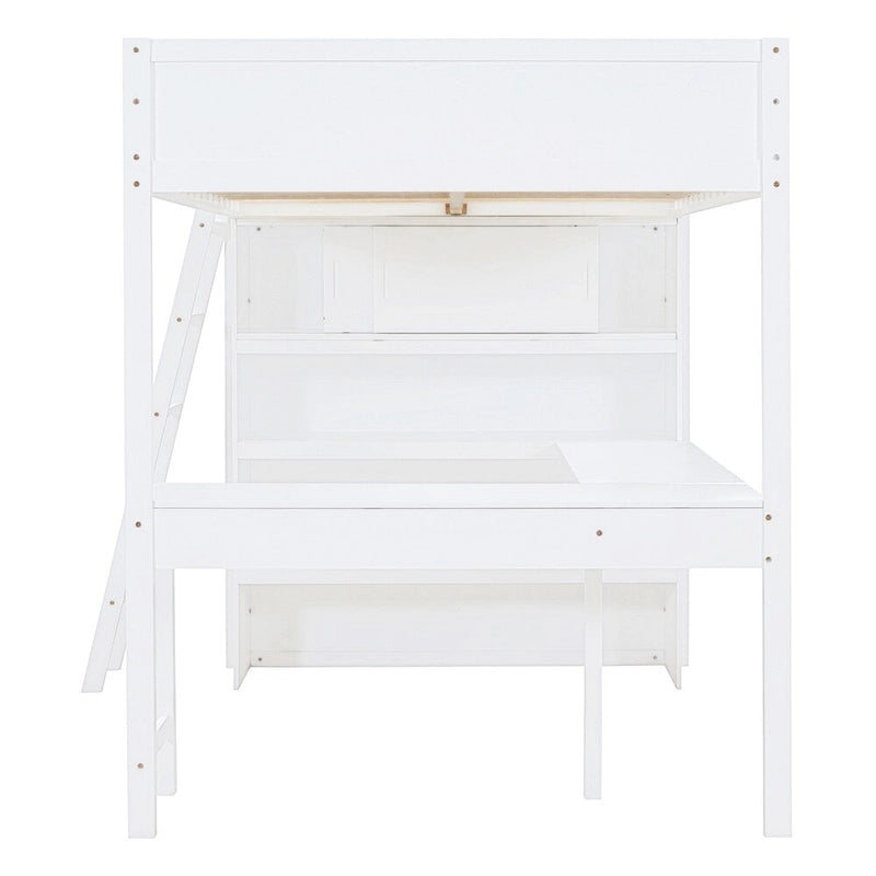Full Size Wood Loft Bed with Desk, Shelf and Guardrail