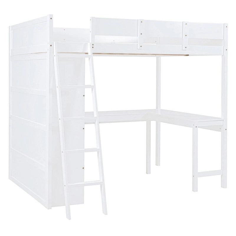 Full Size Wood Loft Bed with Desk, Shelf and Guardrail