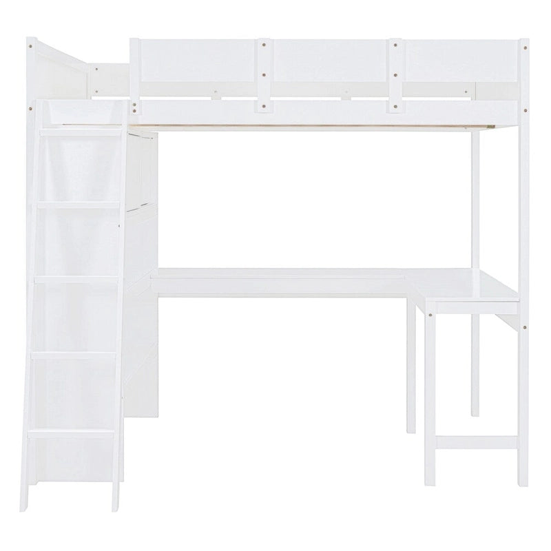Full Size Wood Loft Bed with Desk, Shelf and Guardrail