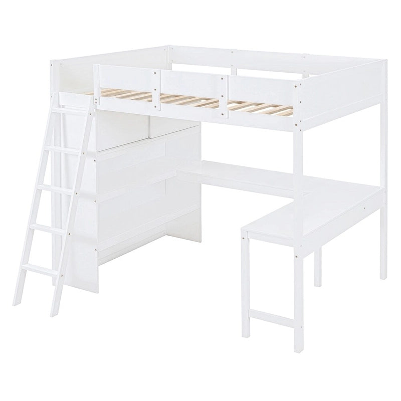 Full Size Wood Loft Bed with Desk, Shelf and Guardrail