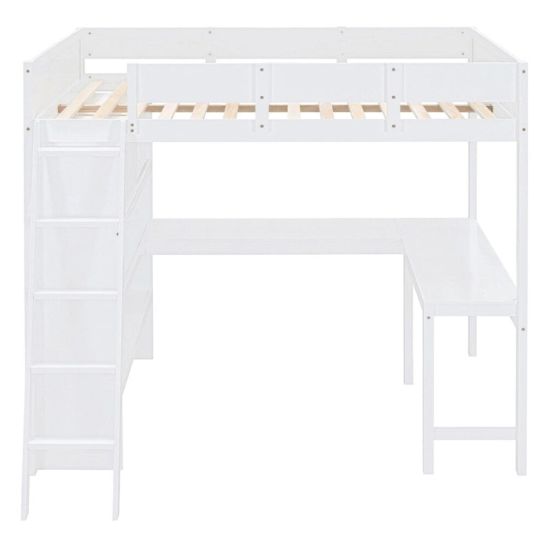 Full Size Wood Loft Bed with Desk, Shelf and Guardrail