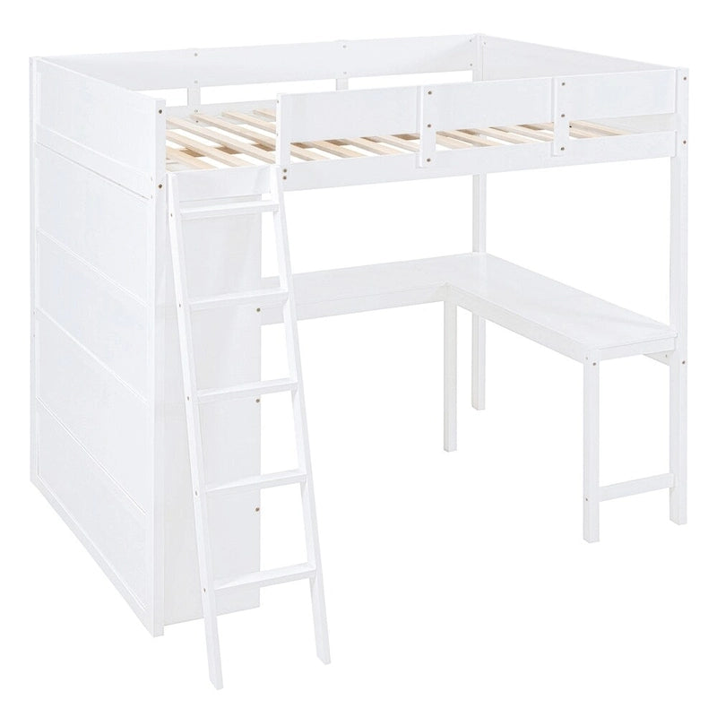 Full Size Wood Loft Bed with Desk, Shelf and Guardrail