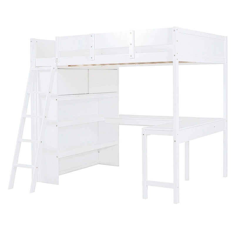 Full Size Wood Loft Bed with Desk, Shelf and Guardrail