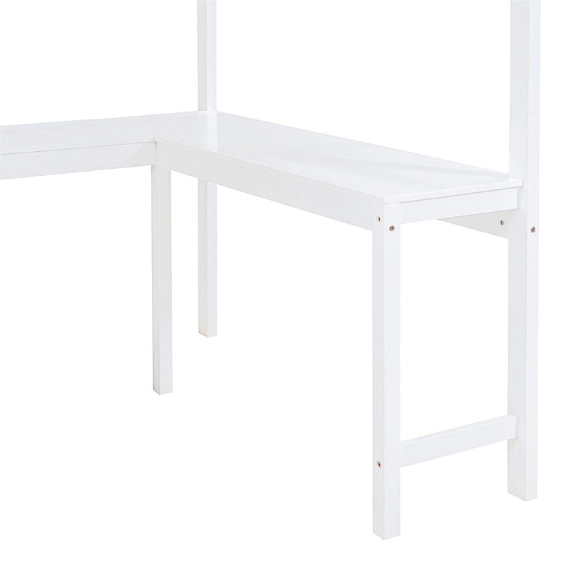 Full Size Wood Loft Bed with Desk, Shelf and Guardrail