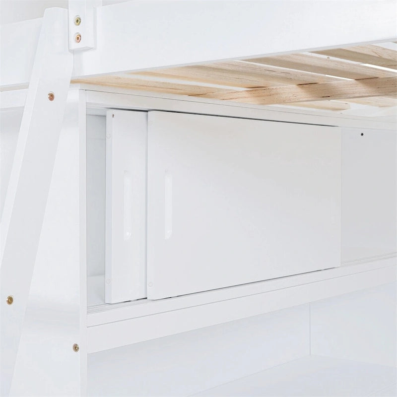 Full Size Wood Loft Bed with Desk, Shelf and Guardrail