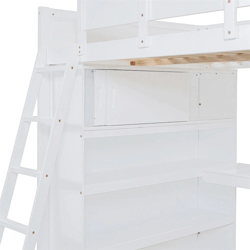 Full Size Wood Loft Bed with Desk, Shelf and Guardrail