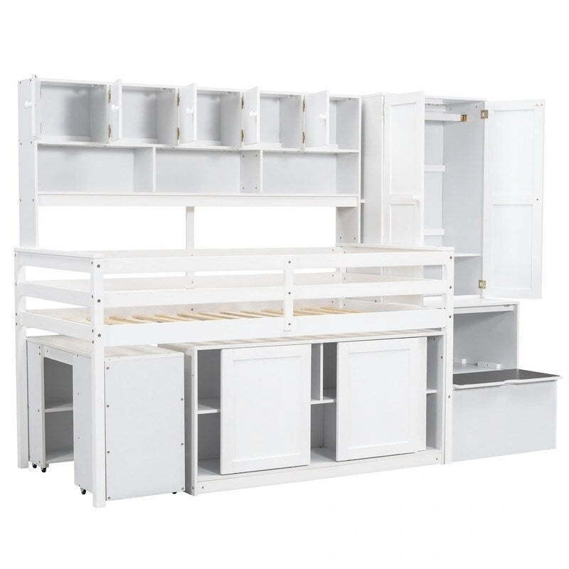 Lit mezzanine double en bois avec bureau, tiroirs et étagères intégrés