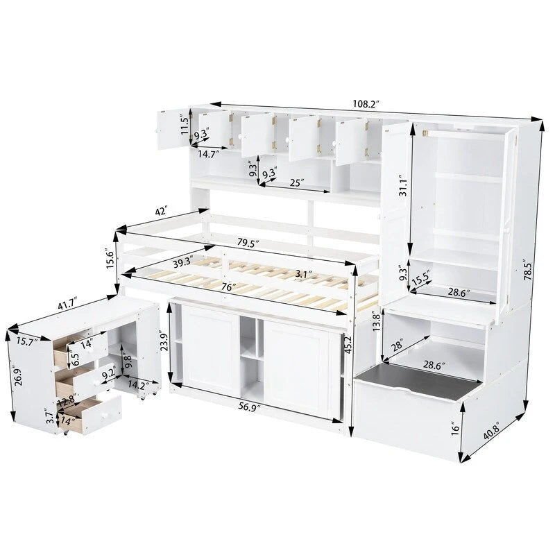 Lit mezzanine double en bois avec bureau, tiroirs et étagères intégrés