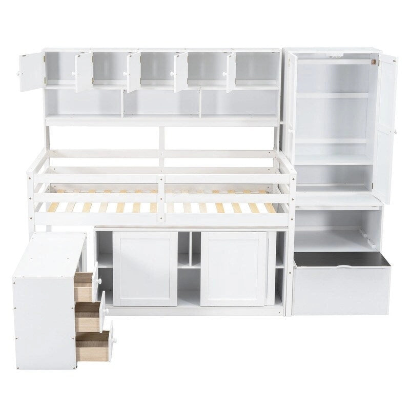 Lit mezzanine double en bois avec bureau, tiroirs et étagères intégrés