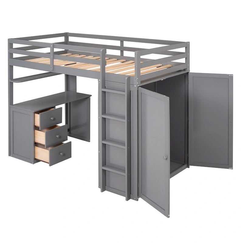 Lit mezzanine double/complet multifonctionnel avec tiroirs, bureau et armoire