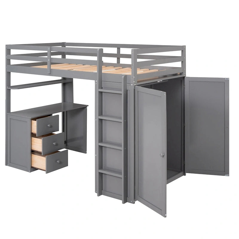 Lit mezzanine double/complet multifonctionnel avec tiroirs, bureau et armoire