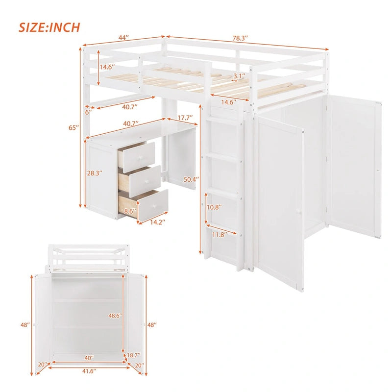 Lit mezzanine double/complet multifonctionnel avec tiroirs, bureau et armoire
