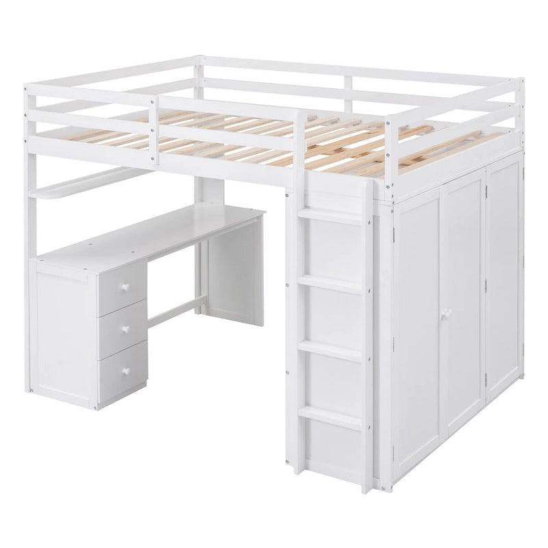 Lit mezzanine double/complet multifonctionnel avec tiroirs, bureau et armoire