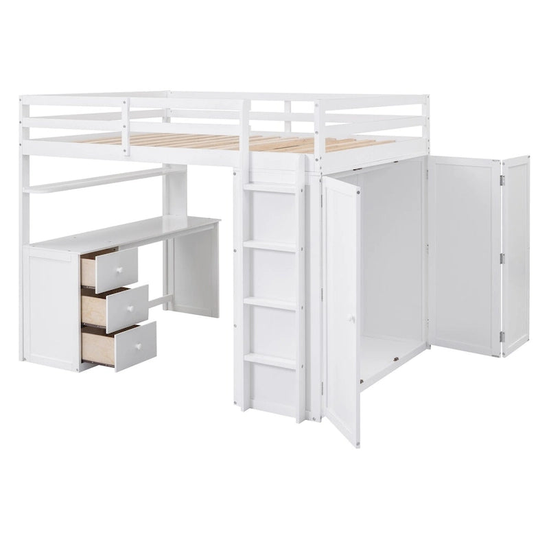 Lit mezzanine double/complet multifonctionnel avec tiroirs, bureau et armoire