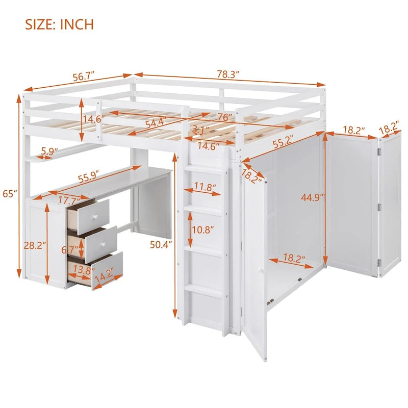 Lit mezzanine double/complet multifonctionnel avec tiroirs, bureau et armoire