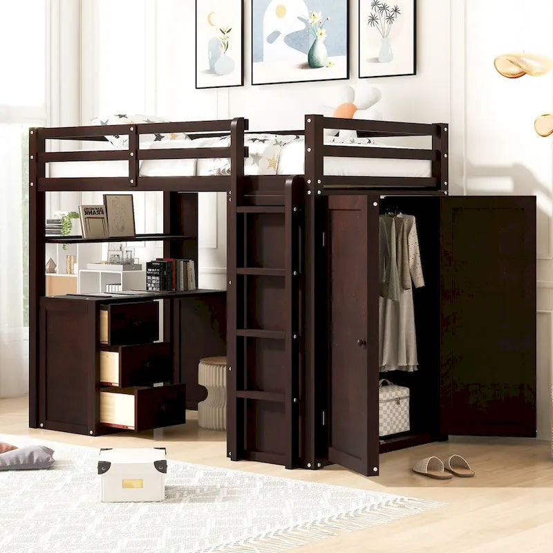 Lit mezzanine double/complet multifonctionnel avec tiroirs, bureau et armoire