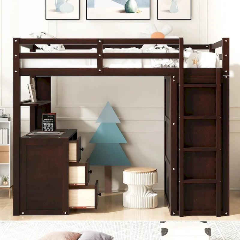 Lit mezzanine double/complet multifonctionnel avec tiroirs, bureau et armoire