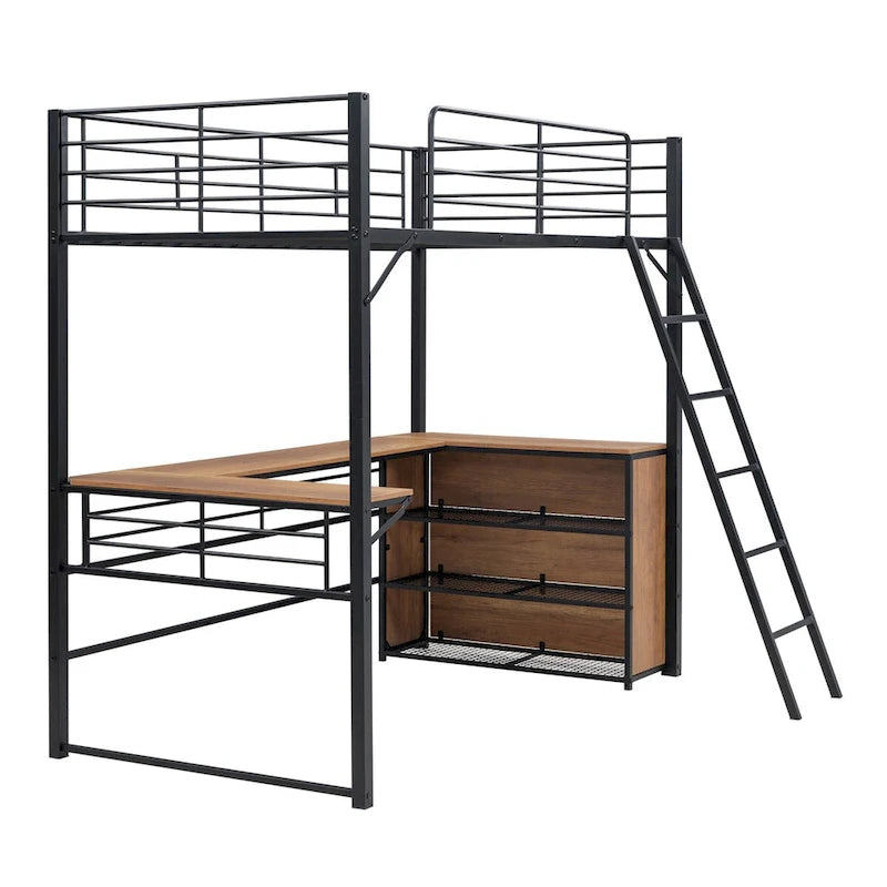 Black Twin Metal Loft Bed with Shelves and Desk