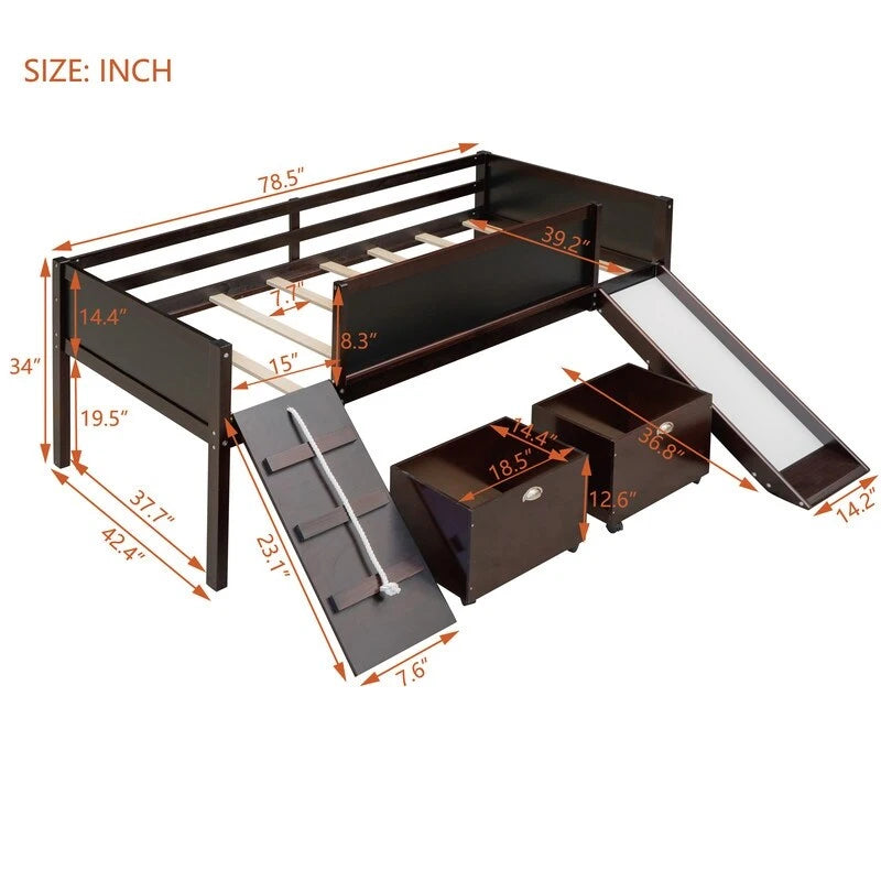 Lit superposé simple en bois avec toboggan, rangements, échelle et tableau noir