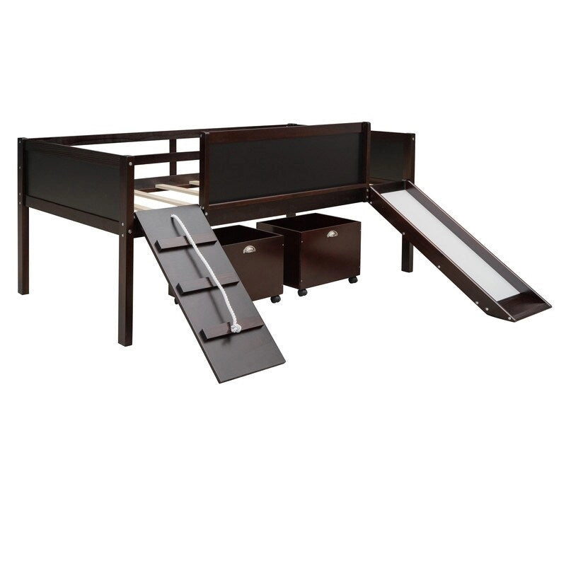 Lit superposé simple en bois avec toboggan, rangements, échelle et tableau noir