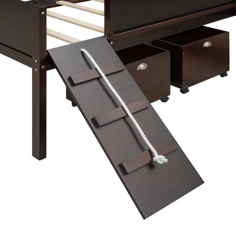 Lit superposé simple en bois avec toboggan, rangements, échelle et tableau noir