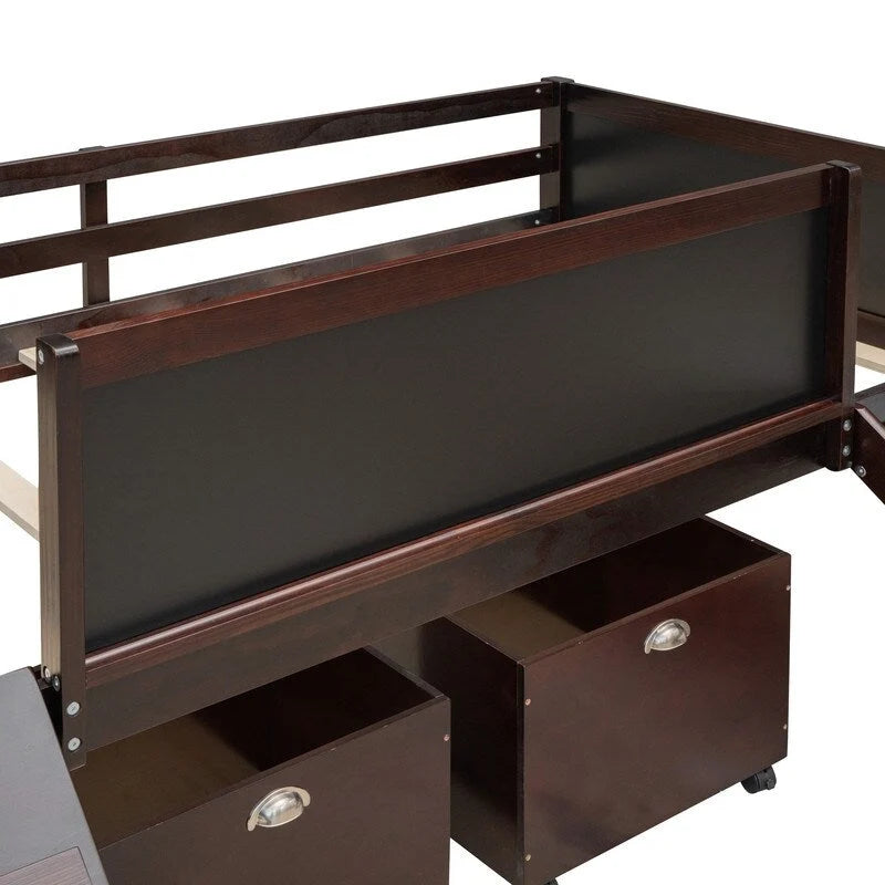 Lit superposé simple en bois avec toboggan, rangements, échelle et tableau noir