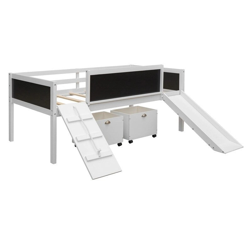 Lit superposé simple en bois avec toboggan, rangements, échelle et tableau noir