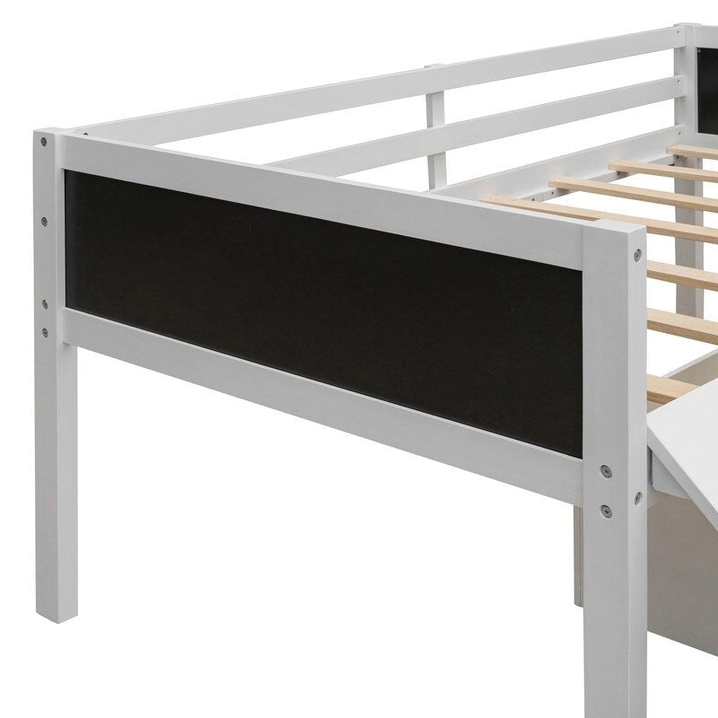 Lit superposé simple en bois avec toboggan, rangements, échelle et tableau noir