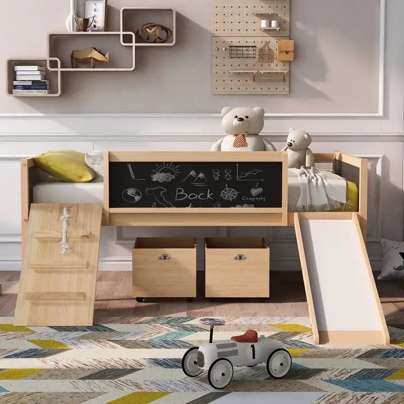 Lit superposé simple en bois avec toboggan, rangements, échelle et tableau noir