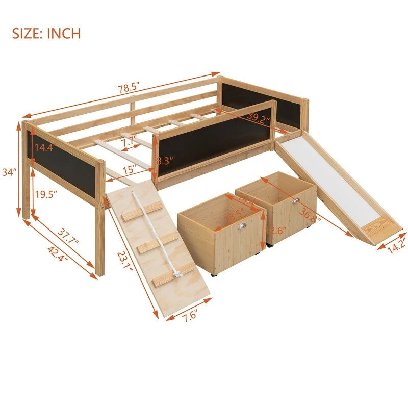 Lit superposé simple en bois avec toboggan, rangements, échelle et tableau noir