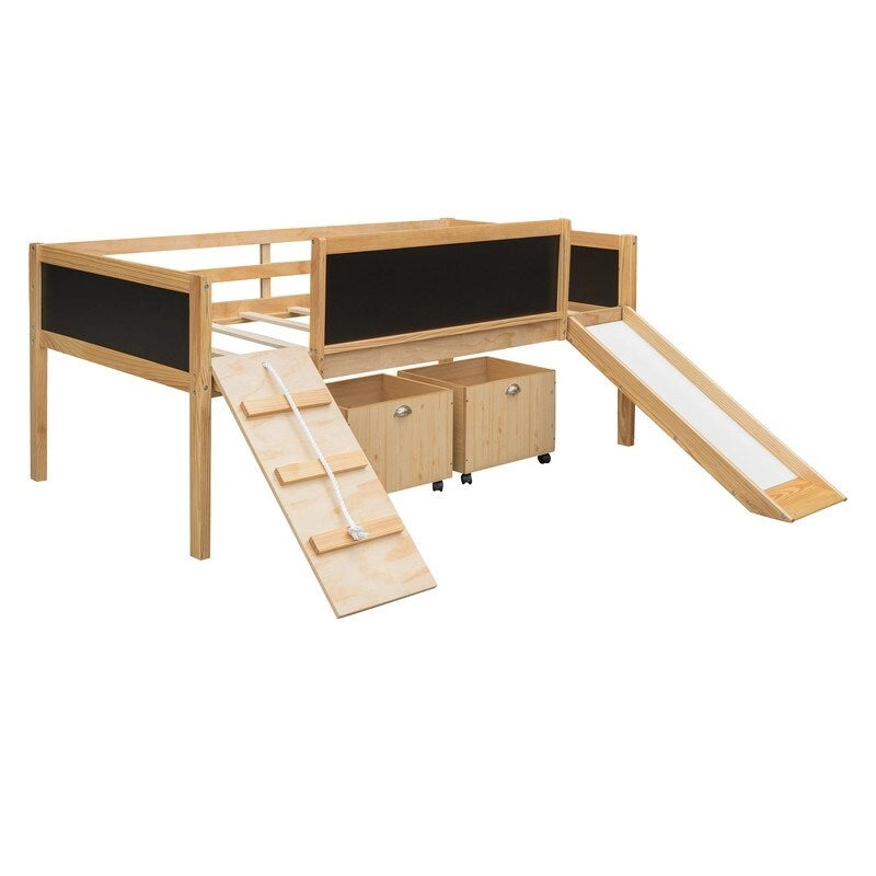 Lit superposé simple en bois avec toboggan, rangements, échelle et tableau noir