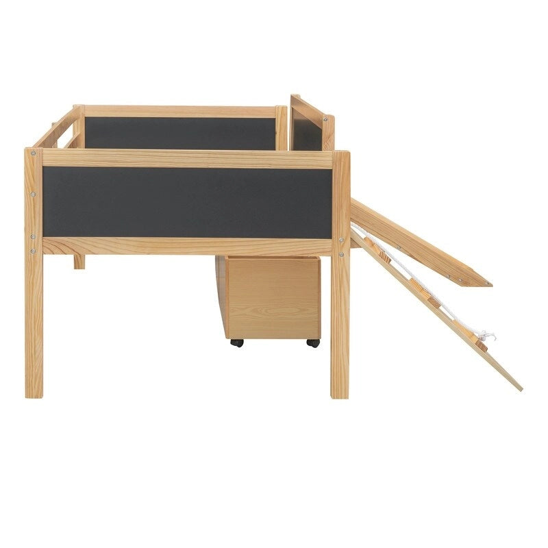 Lit superposé simple en bois avec toboggan, rangements, échelle et tableau noir
