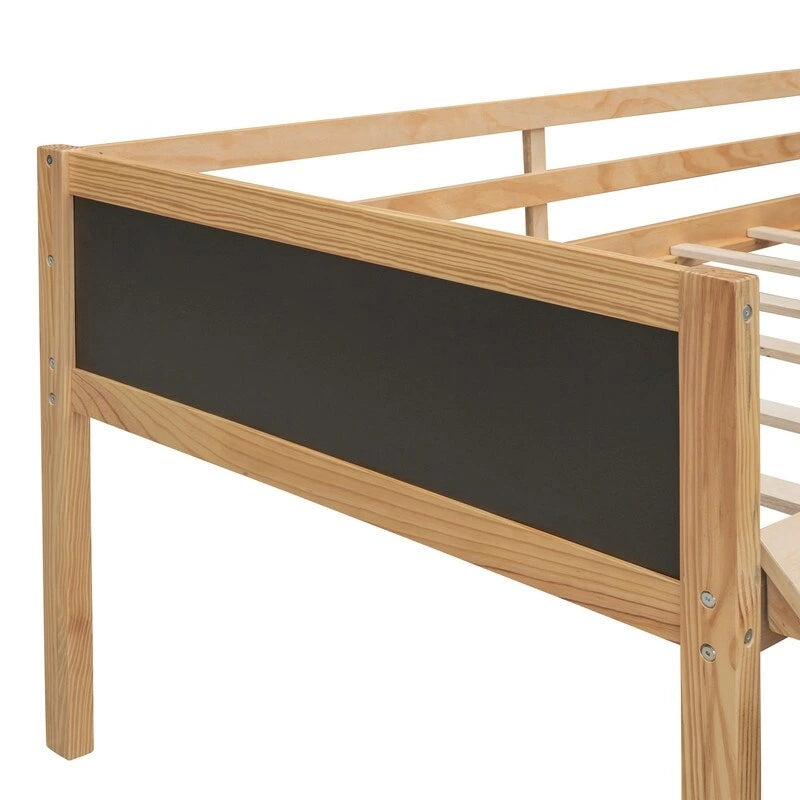 Lit superposé simple en bois avec toboggan, rangements, échelle et tableau noir