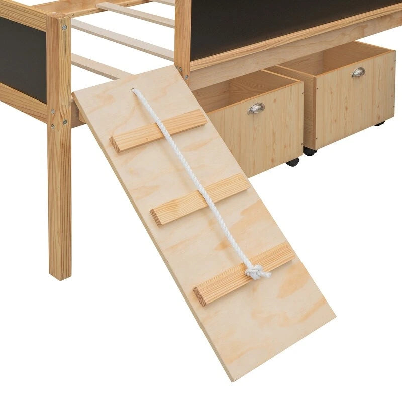 Lit superposé simple en bois avec toboggan, rangements, échelle et tableau noir